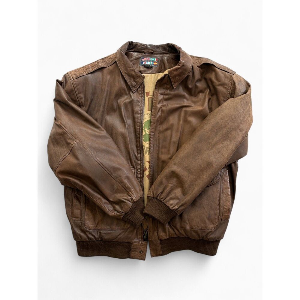Vintage 80s 90s Paris Sport Club Brown A-2 Leather Bomber Jacket Mens L